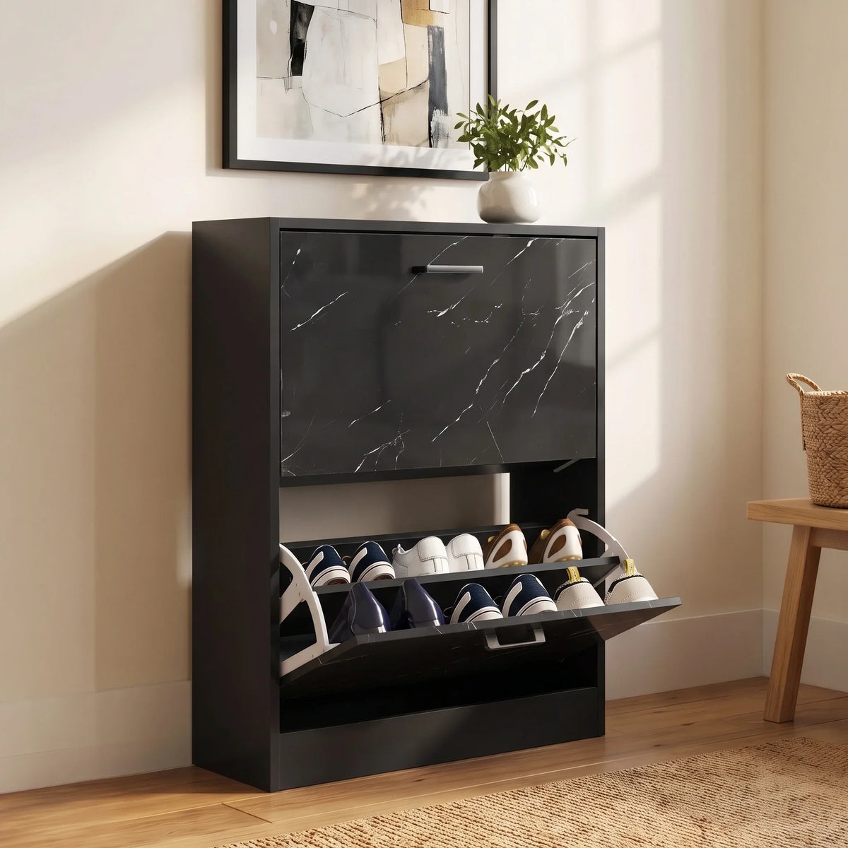 [White] Designed for tight entrances this slim shoe cabinet for the hallway features a pull-down drawer open with 6 pair of shoes inside.