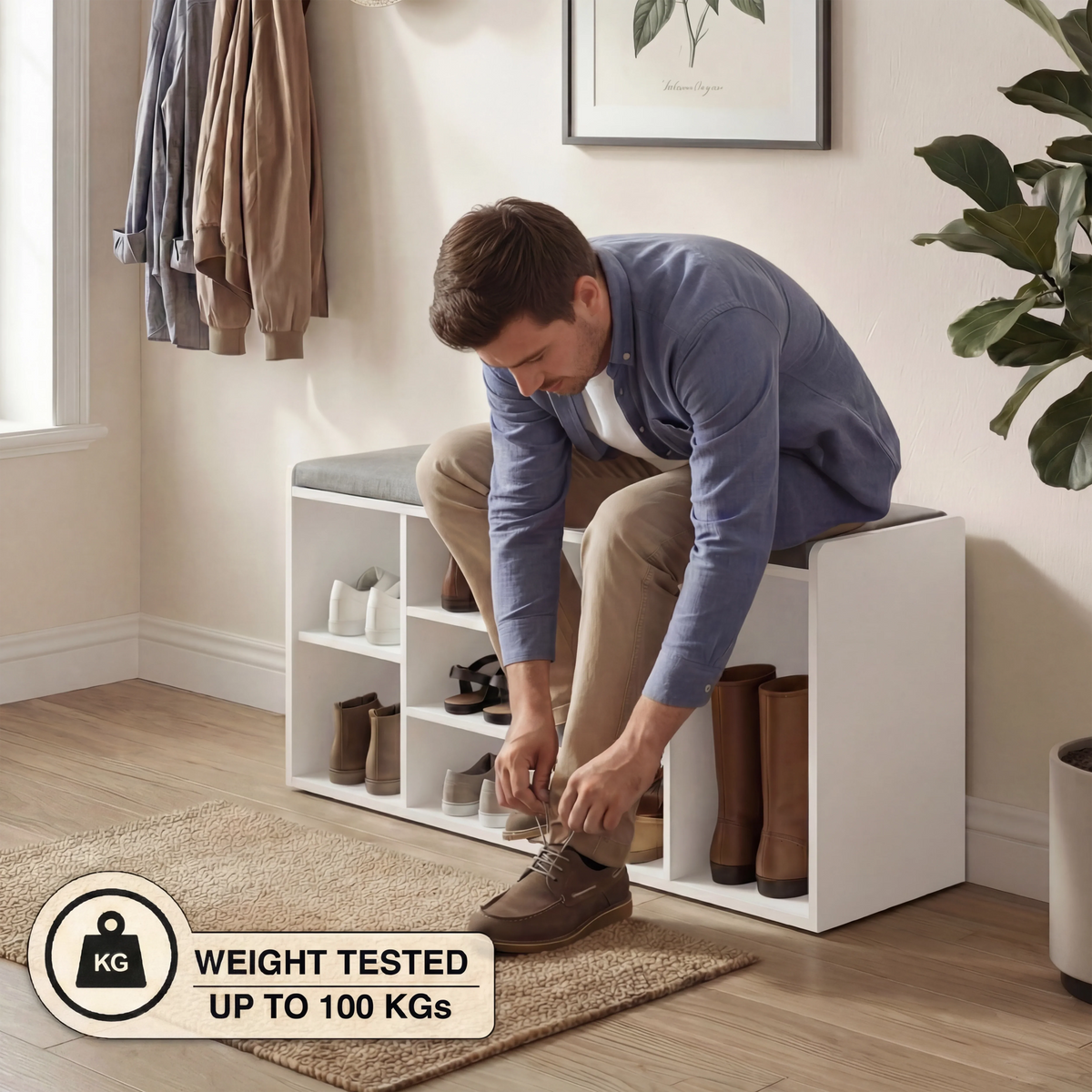 Schoenenkast met opbergbank voor in de hal | Laag schoenenrek met zitje